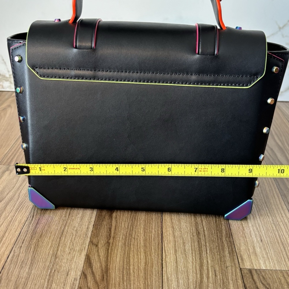 Michael Kors Manhattan Black Medium Leather Unique Satchel Neon Colors Crossbody - Picture 12 of 16